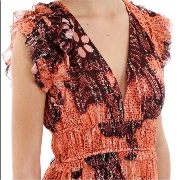 Ulla Johnson Akira Metallic Shibori Silk Printed Midi Dress Coral Pink‎ Size 6 - Picture 3 of 17